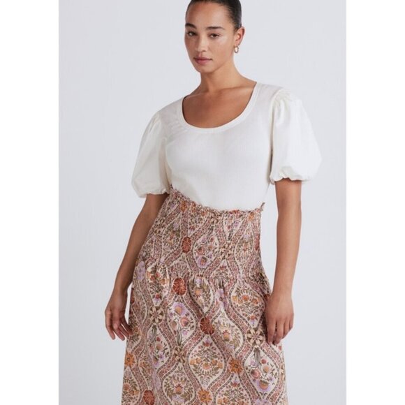 💕DEREK LAM 10 CROSBY Madani Linen Blend Smocked Skirt Light Khaki Floral 12 NWT - Picture 4 of 16